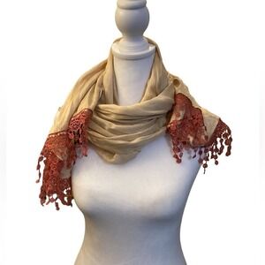 Elegant Cream Scarf with‎ Rust Lace Trim Boho Chic Wrap Shawl